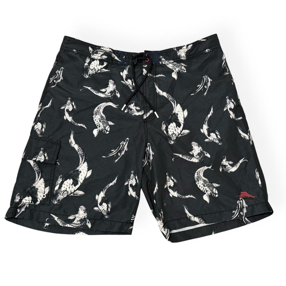 Tommy Bahama Swim Trunks Baja Koi Marlin Fish Pattern Black Men's Short Size XL